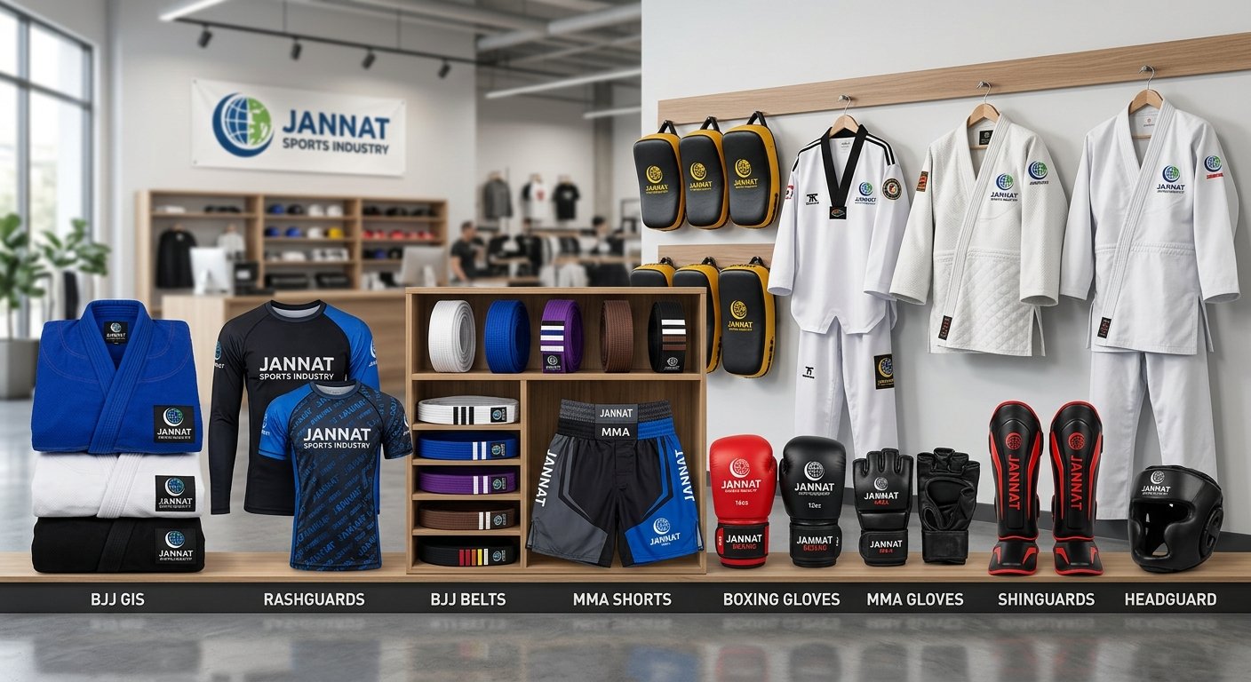 Jannat Sports Industry range: BJJ gis, rash guards, belts, MMA shorts, gloves, shin guards and head guards